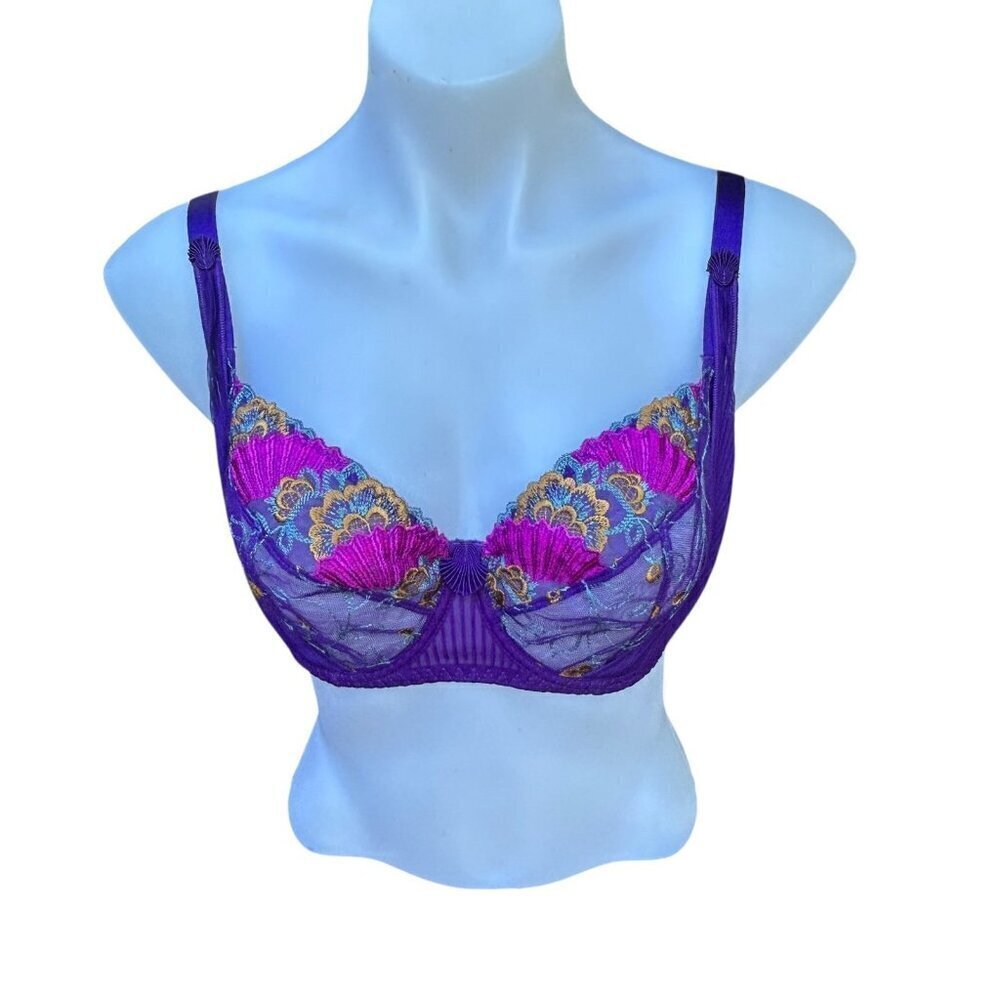 Aubade Paris French Kiss Purple Floral Lace Unlined Underwire Balconette Bra 34E